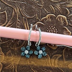 925 Blue Flower Crystal Hoop Drop Earrings - Women Jewelry